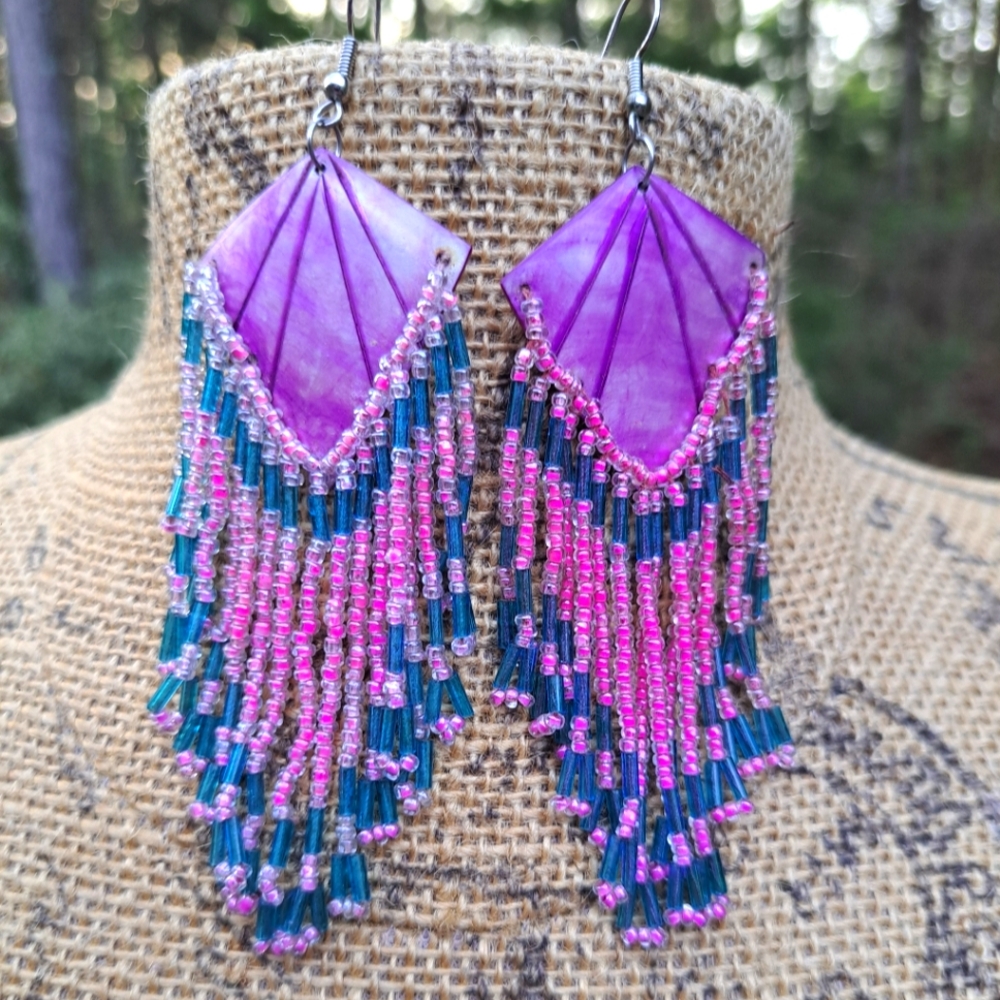 Dyed carved shell seed bead boho earrings
